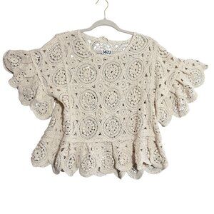 Solitaire Cotton Blend Crochet Medallion Top Women Small Cream Short Sleeve